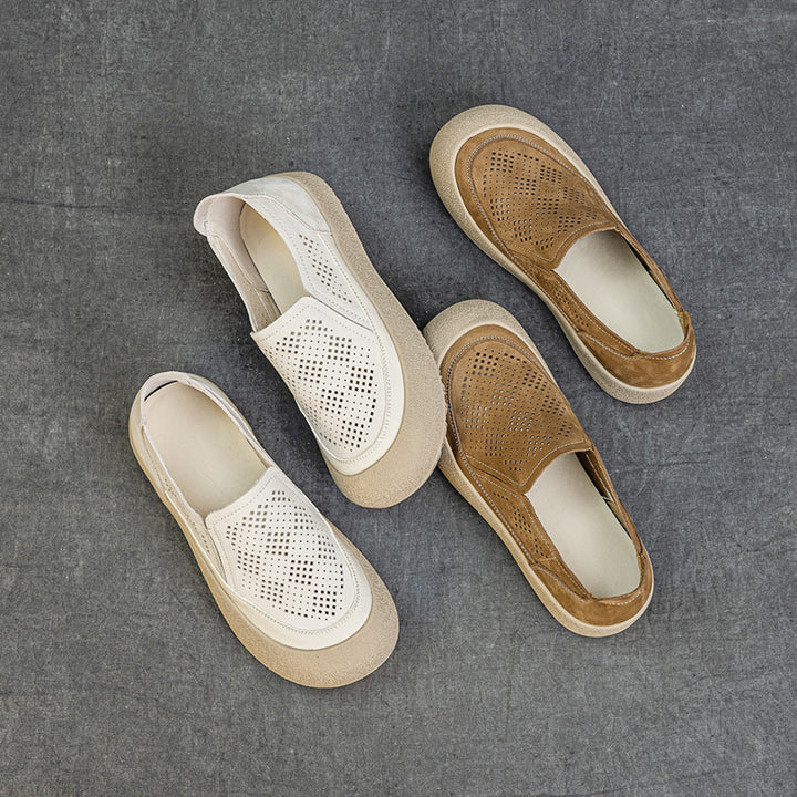 Womens Summer Perforated Leather Slip-on Loafers Breathable Platform Casual Walking Shoes