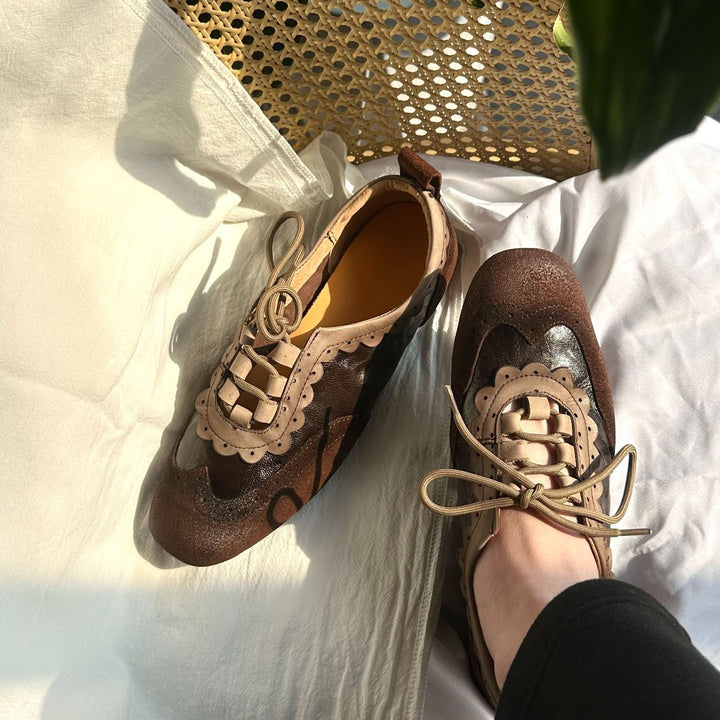 Women's Retro Leather Oxford Shoes Vintage Lace-up Brogue Flats