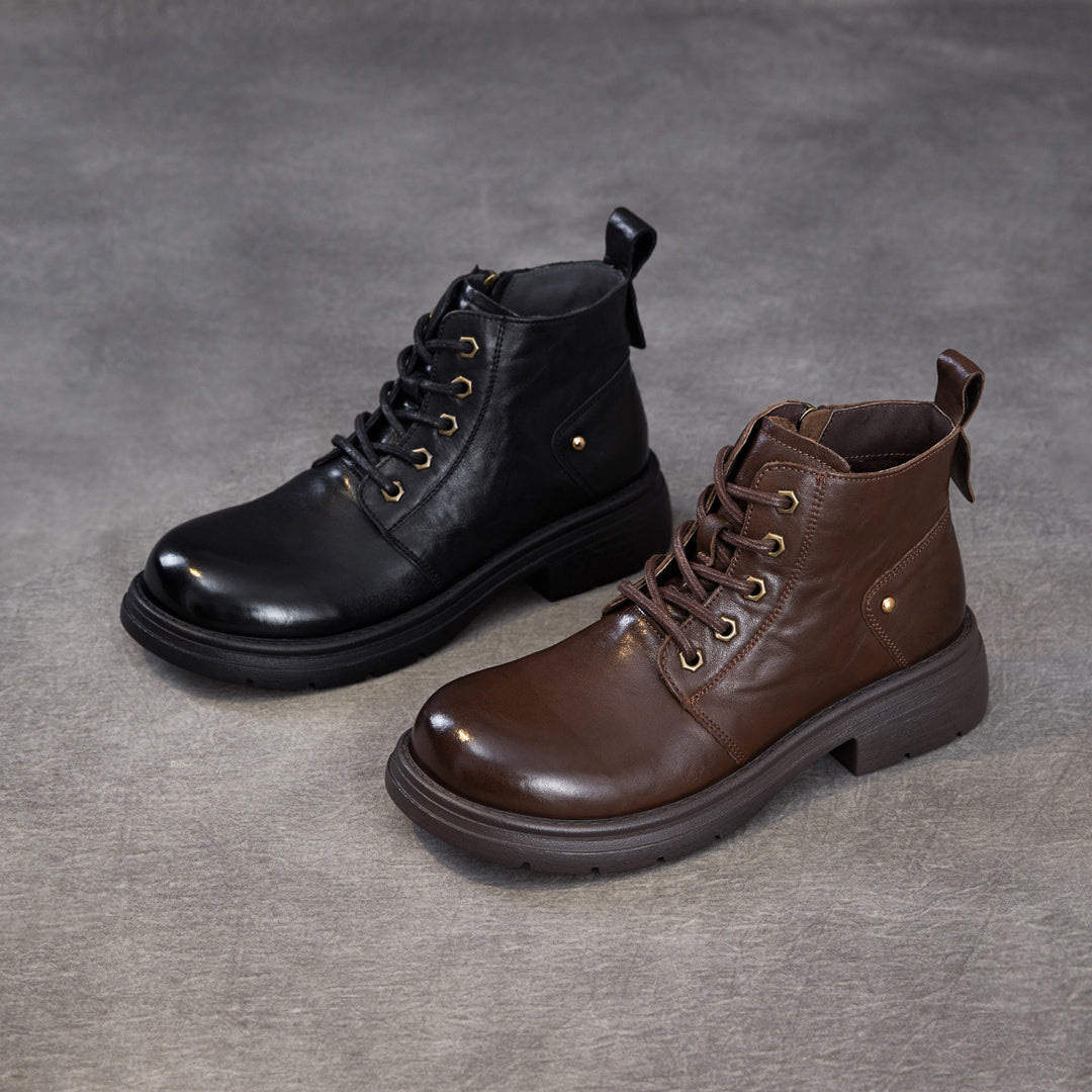 Women's Leather Winter Combat Ankle Boots Soft Lined Lace-up Walking Booties