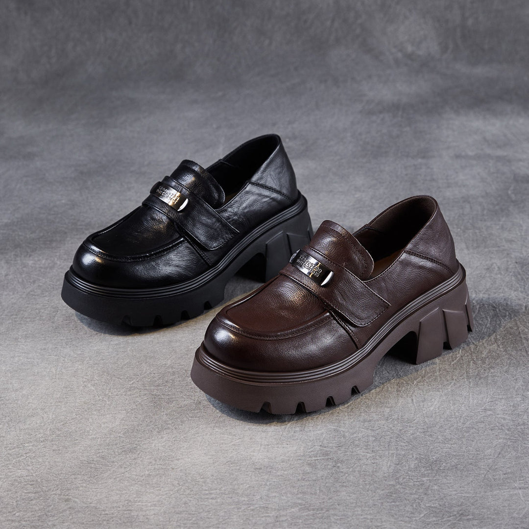 Women’s Leather Platform Block Heel Loafers – Vintage Metal Detail