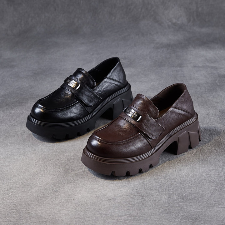 Women’s Leather Platform Block Heel Loafers – Vintage Metal Detail