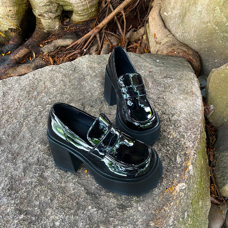 Womens Chunky Platform High Heeled Patent Leather Loafers