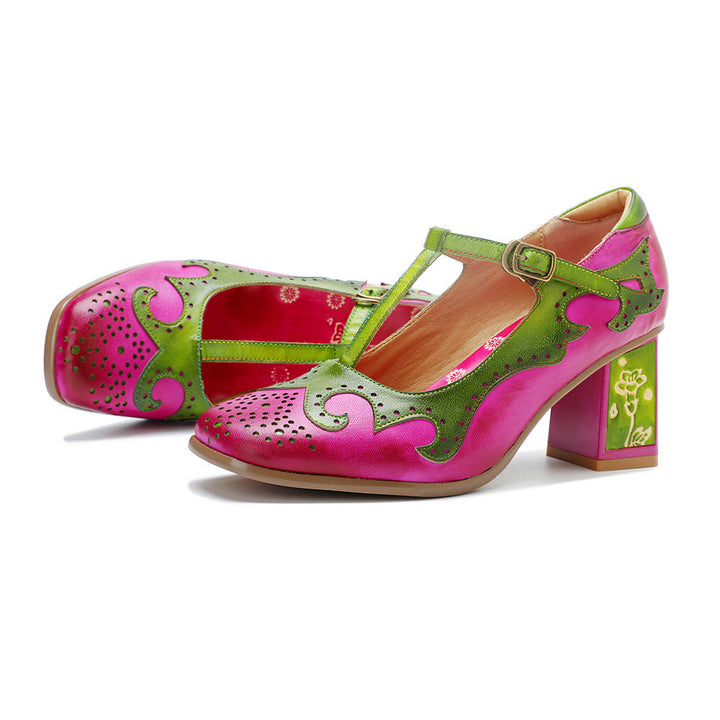 Vibrant Mary Janes for Women - Leather T-Strap Sandals with Floral Artistic Block Heel