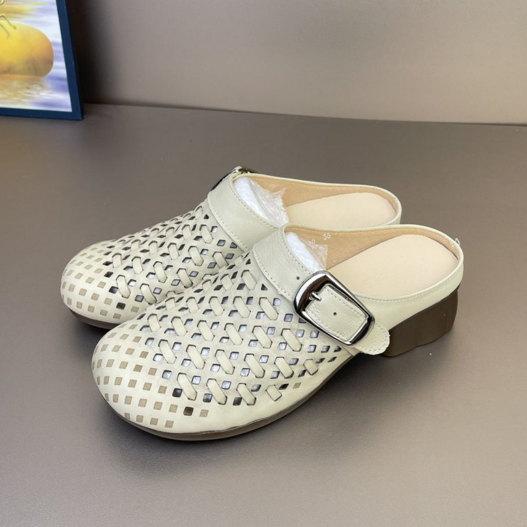 Women's Leather Woven Mules - Hollow Out Perforated Closed Toe Sandals Low Block Chunky Heel Slides with Buckle