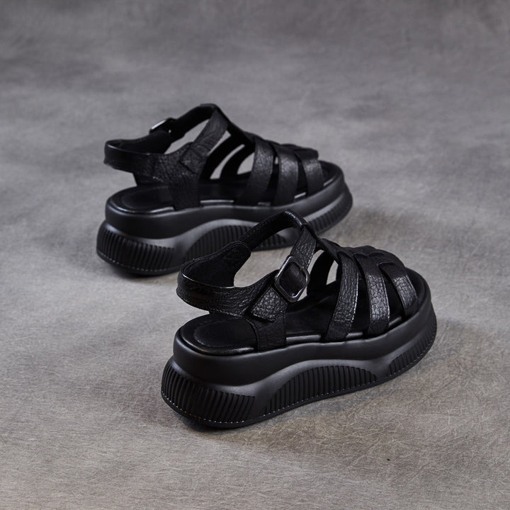 Women's Retro Leather Roman Sandals Vintage Round Toe Platform Chunky Platform Heels