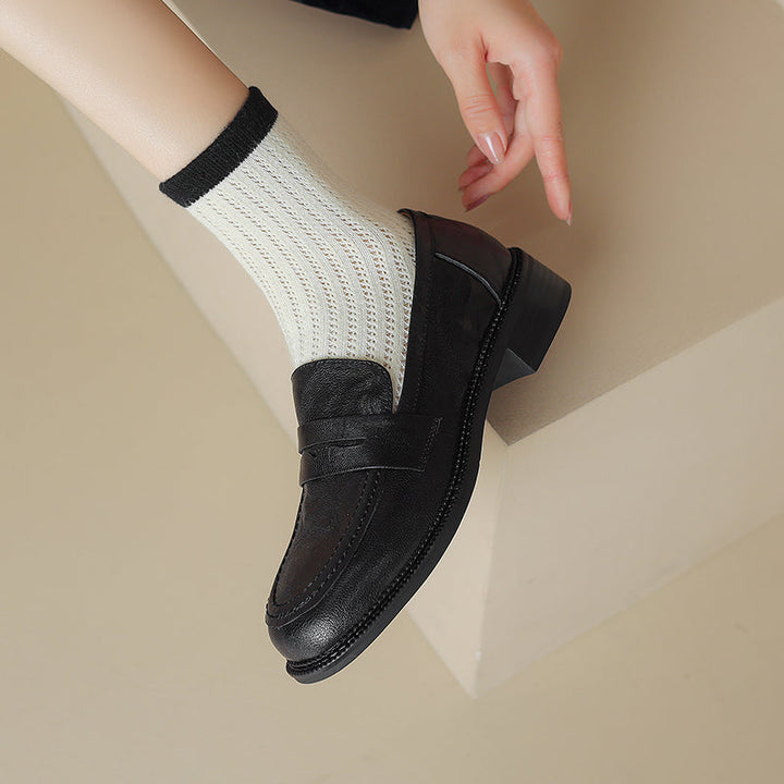 Women's Leather Round Toe Preppy Style Classic Low Heeled Loafers