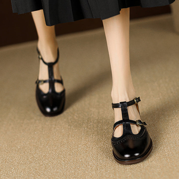 Women's T-Strap Vintage Brogue Mary Jane Sandals Hand-crafted Cutout Shoes