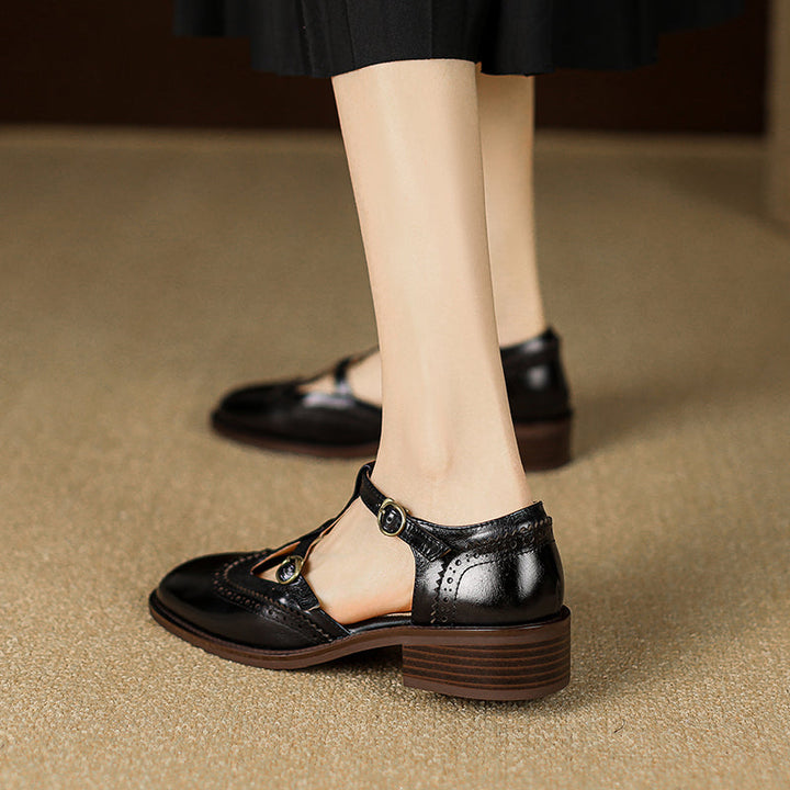 Women's T-Strap Vintage Brogue Mary Jane Sandals Hand-crafted Cutout Shoes