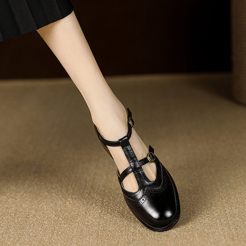 Women's T-Strap Vintage Brogue Mary Jane Sandals Hand-crafted Cutout Shoes