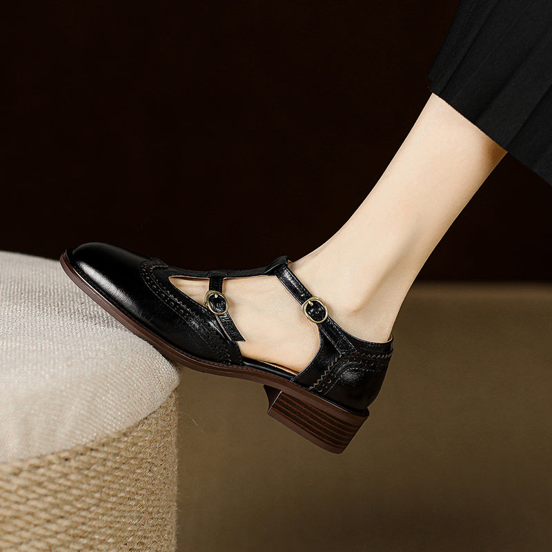 Women's T-Strap Vintage Brogue Mary Jane Sandals Hand-crafted Cutout Shoes