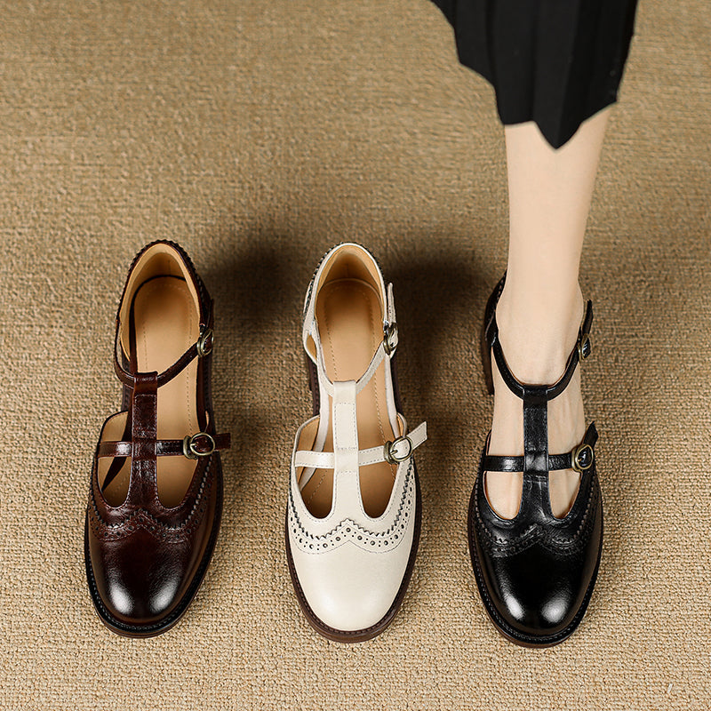 Women's T-Strap Vintage Brogue Mary Jane Sandals Hand-crafted Cutout Shoes