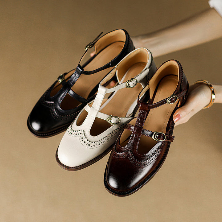 Women's T-Strap Vintage Brogue Mary Jane Sandals Hand-crafted Cutout Shoes