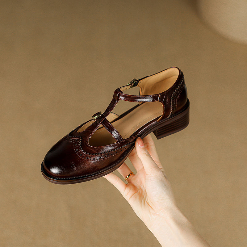 Women's T-Strap Vintage Brogue Mary Jane Sandals Hand-crafted Cutout Shoes