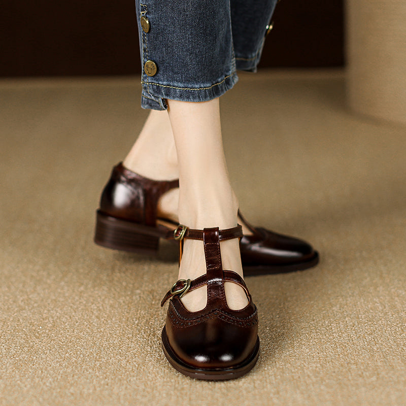 Women's T-Strap Vintage Brogue Mary Jane Sandals Hand-crafted Cutout Shoes