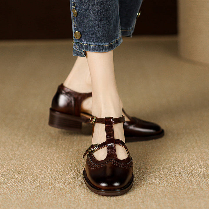 Women's T-Strap Vintage Brogue Mary Jane Sandals Hand-crafted Cutout Shoes