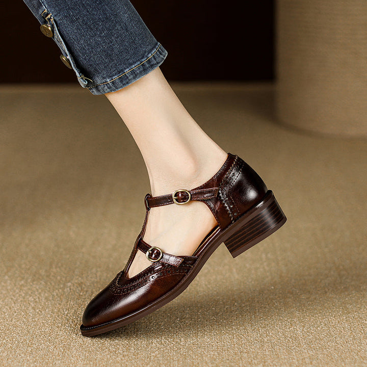 Women's T-Strap Vintage Brogue Mary Jane Sandals Hand-crafted Cutout Shoes