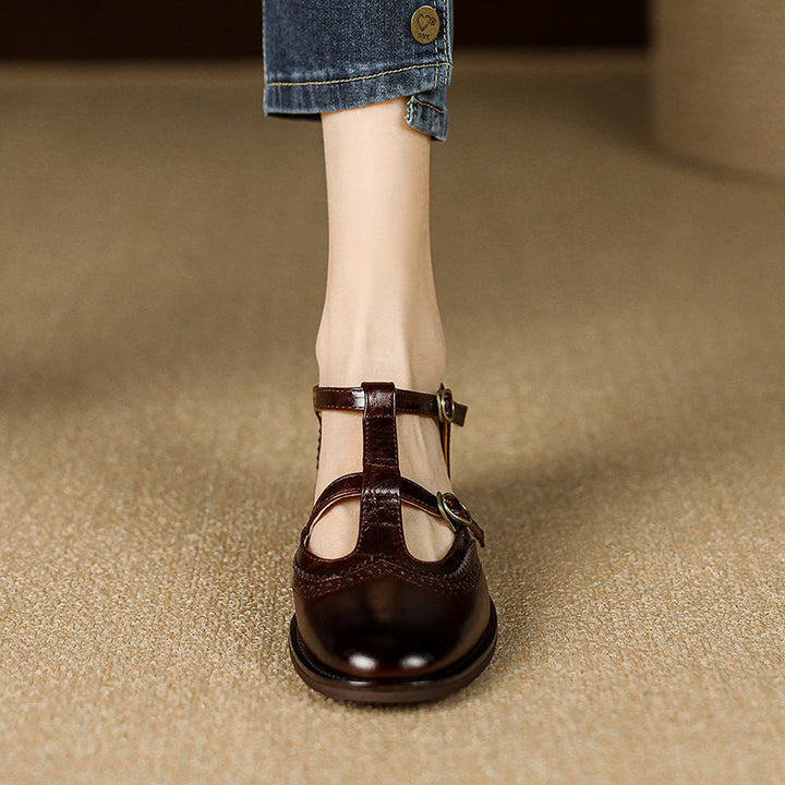 Women's T-Strap Vintage Brogue Mary Jane Sandals Hand-crafted Cutout Shoes