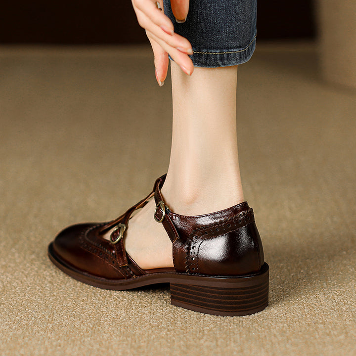 Retro Women's Leather Mary Jane Brogue Ankle Strap Shoes – Classic Low Heel