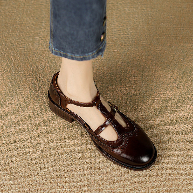 Women's T-Strap Vintage Brogue Mary Jane Sandals Hand-crafted Cutout Shoes