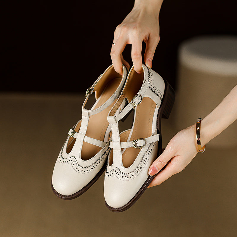 Women's T-Strap Vintage Brogue Mary Jane Sandals Hand-crafted Cutout Shoes