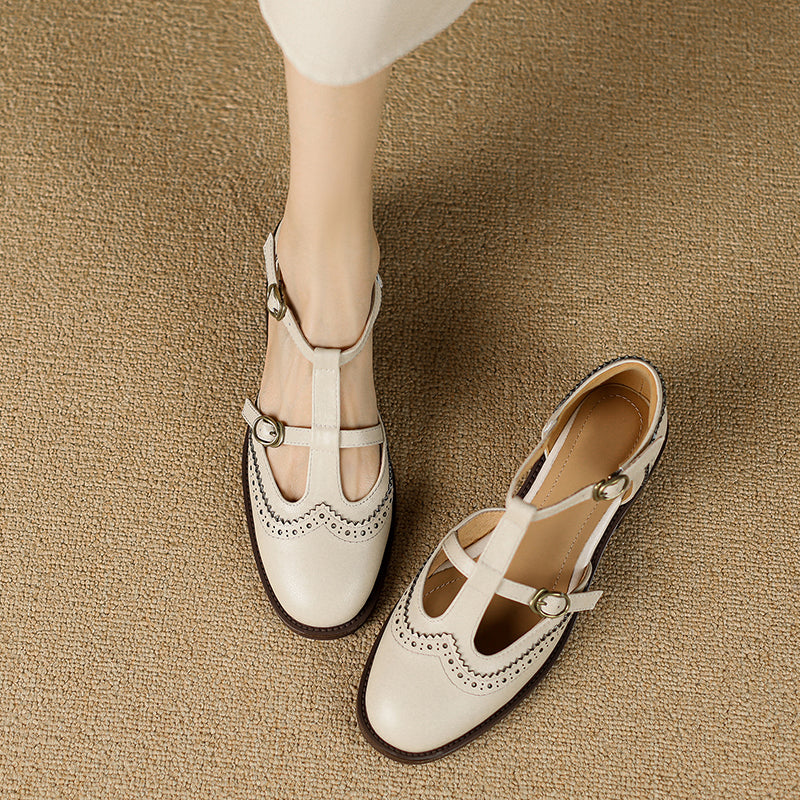 Women's T-Strap Vintage Brogue Mary Jane Sandals Hand-crafted Cutout Shoes