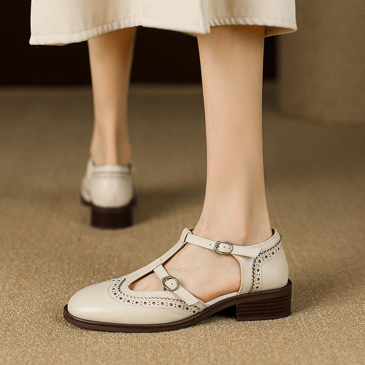 Women's T-Strap Vintage Brogue Mary Jane Sandals Hand-crafted Cutout Shoes