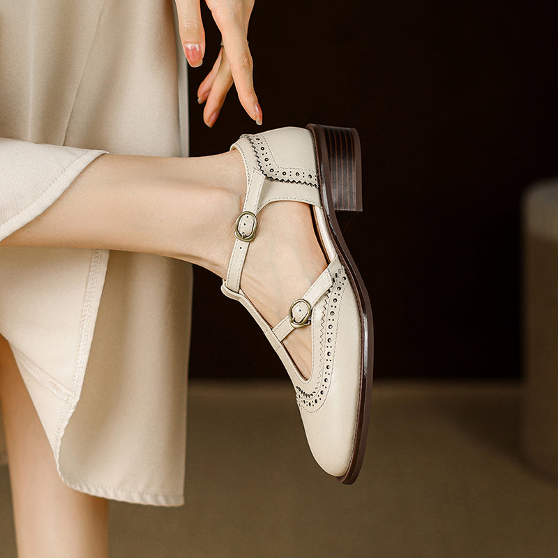 Women's T-Strap Vintage Brogue Mary Jane Sandals Hand-crafted Cutout Shoes