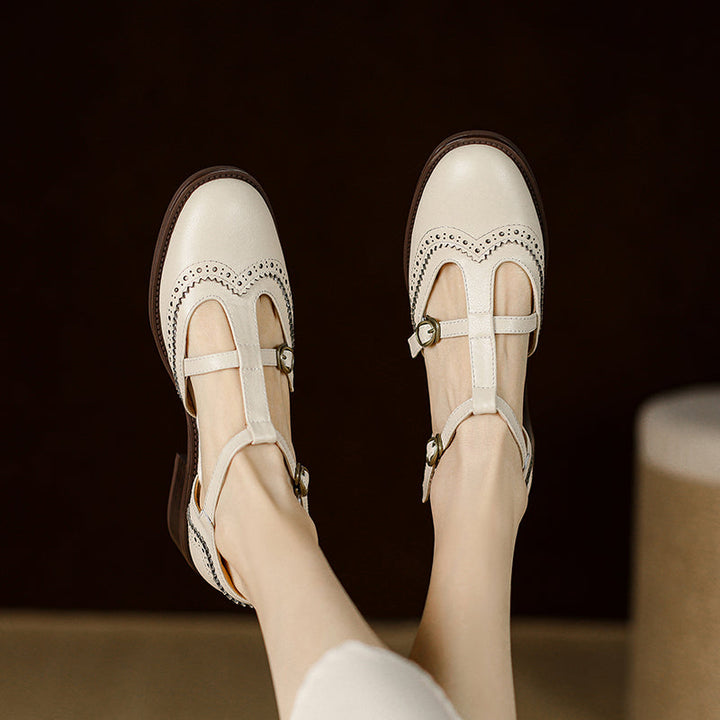 Women's T-Strap Vintage Brogue Mary Jane Sandals Hand-crafted Cutout Shoes