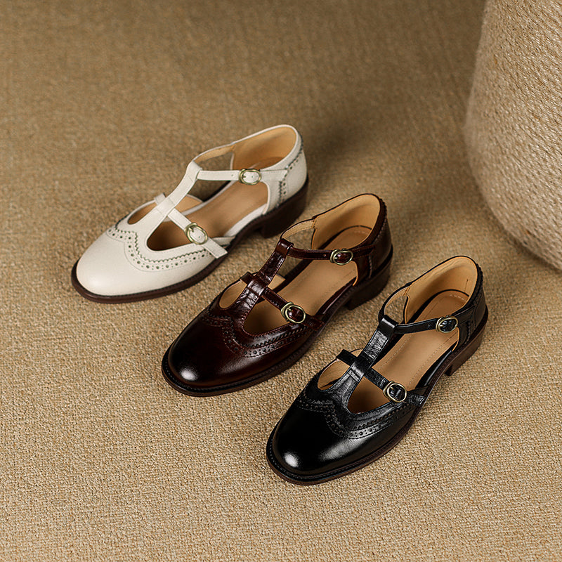 Women's T-Strap Vintage Brogue Mary Jane Sandals Hand-crafted Cutout Shoes