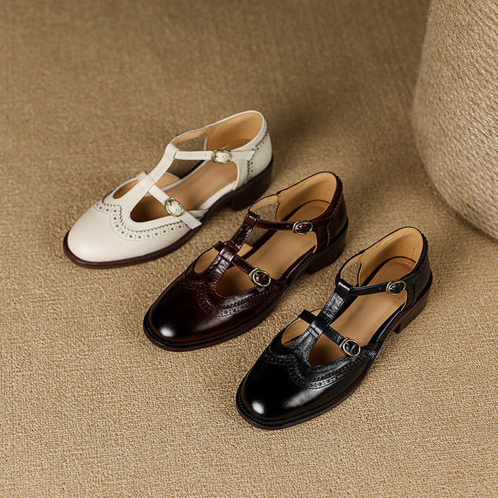 Women's T-Strap Vintage Brogue Mary Jane Sandals Hand-crafted Cutout Shoes