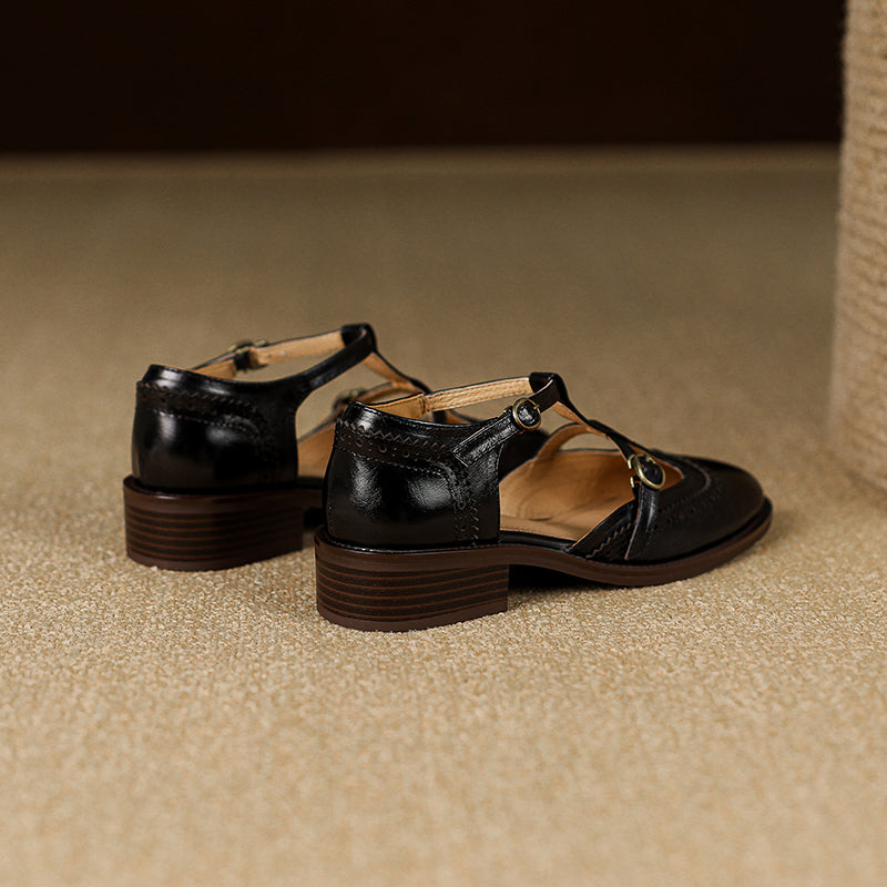 Women's T-Strap Vintage Brogue Mary Jane Sandals Hand-crafted Cutout Shoes