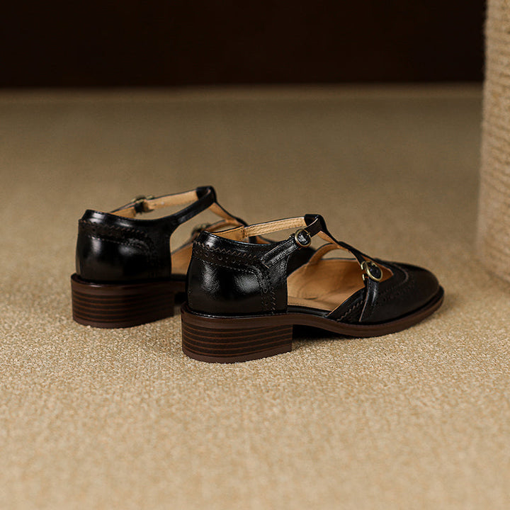 Women's T-Strap Vintage Brogue Mary Jane Sandals Hand-crafted Cutout Shoes