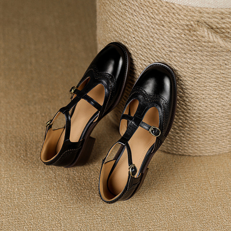 Women's T-Strap Vintage Brogue Mary Jane Sandals Hand-crafted Cutout Shoes