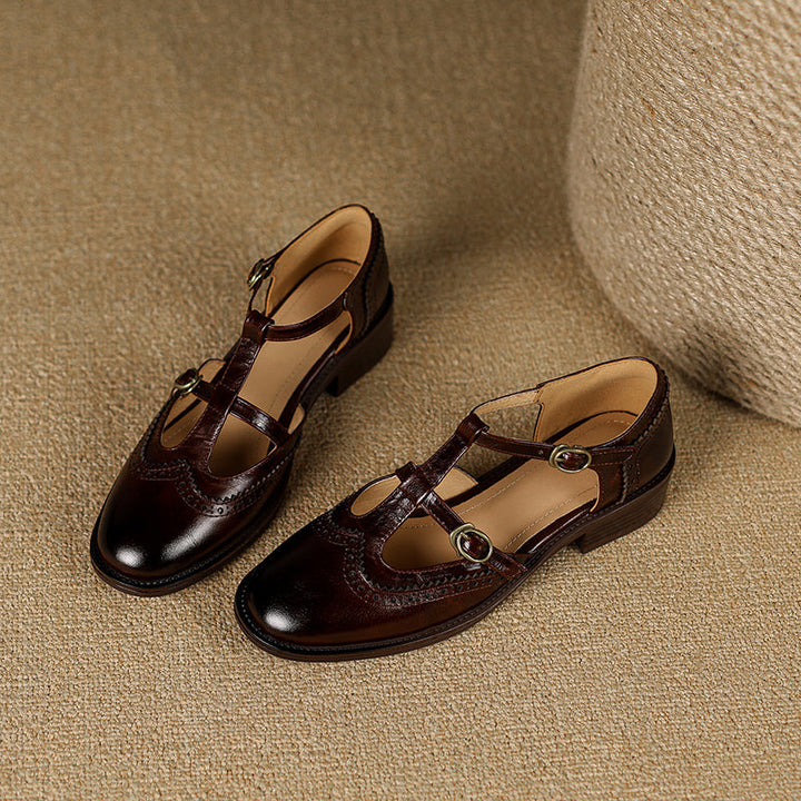 Women's T-Strap Vintage Brogue Mary Jane Sandals Hand-crafted Cutout Shoes