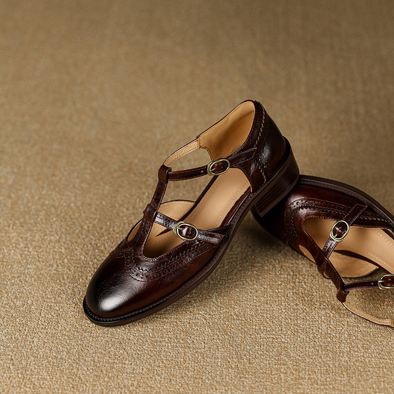 Women's T-Strap Vintage Brogue Mary Jane Sandals Hand-crafted Cutout Shoes