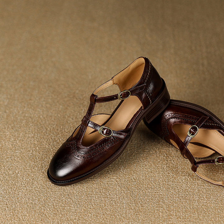 Women's T-Strap Vintage Brogue Mary Jane Sandals Hand-crafted Cutout Shoes