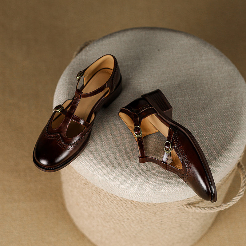 Women's T-Strap Vintage Brogue Mary Jane Sandals Hand-crafted Cutout Shoes