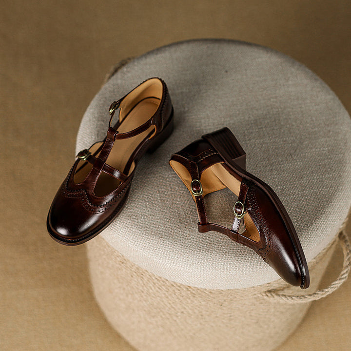 Women's T-Strap Vintage Brogue Mary Jane Sandals Hand-crafted Cutout Shoes