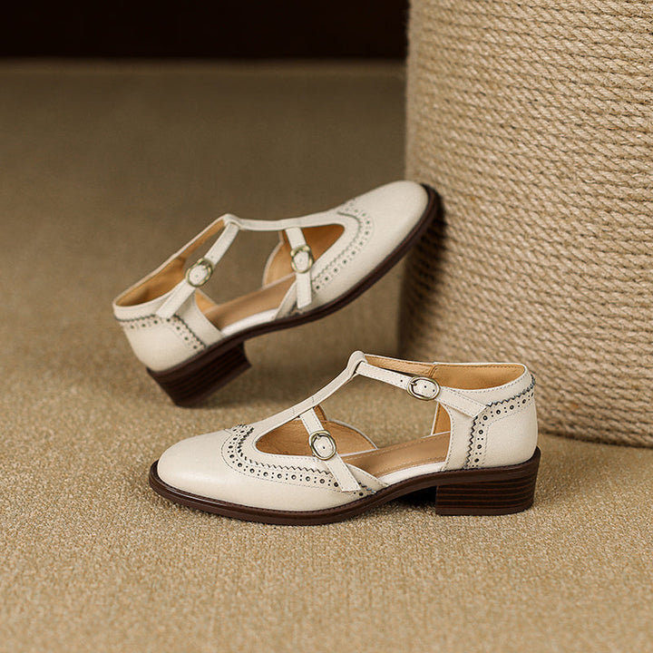 Women's T-Strap Vintage Brogue Mary Jane Sandals Hand-crafted Cutout Shoes