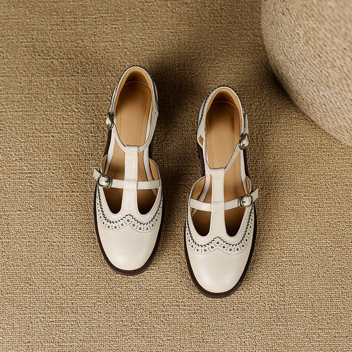 Women's T-Strap Vintage Brogue Mary Jane Sandals Hand-crafted Cutout Shoes