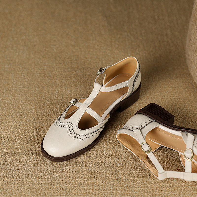 Women's T-Strap Vintage Brogue Mary Jane Sandals Hand-crafted Cutout Shoes