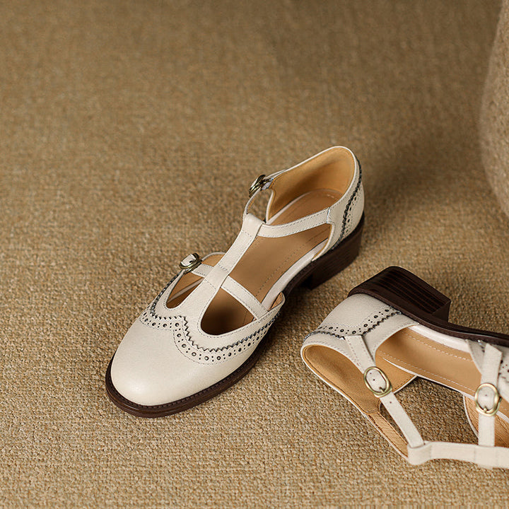 Women's T-Strap Vintage Brogue Mary Jane Sandals Hand-crafted Cutout Shoes