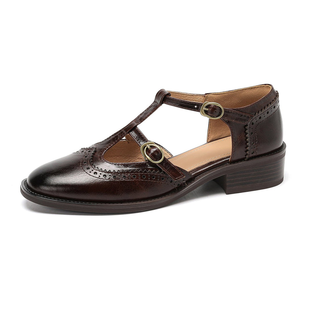 Women's T-Strap Vintage Brogue Mary Jane Sandals Hand-crafted Cutout Shoes