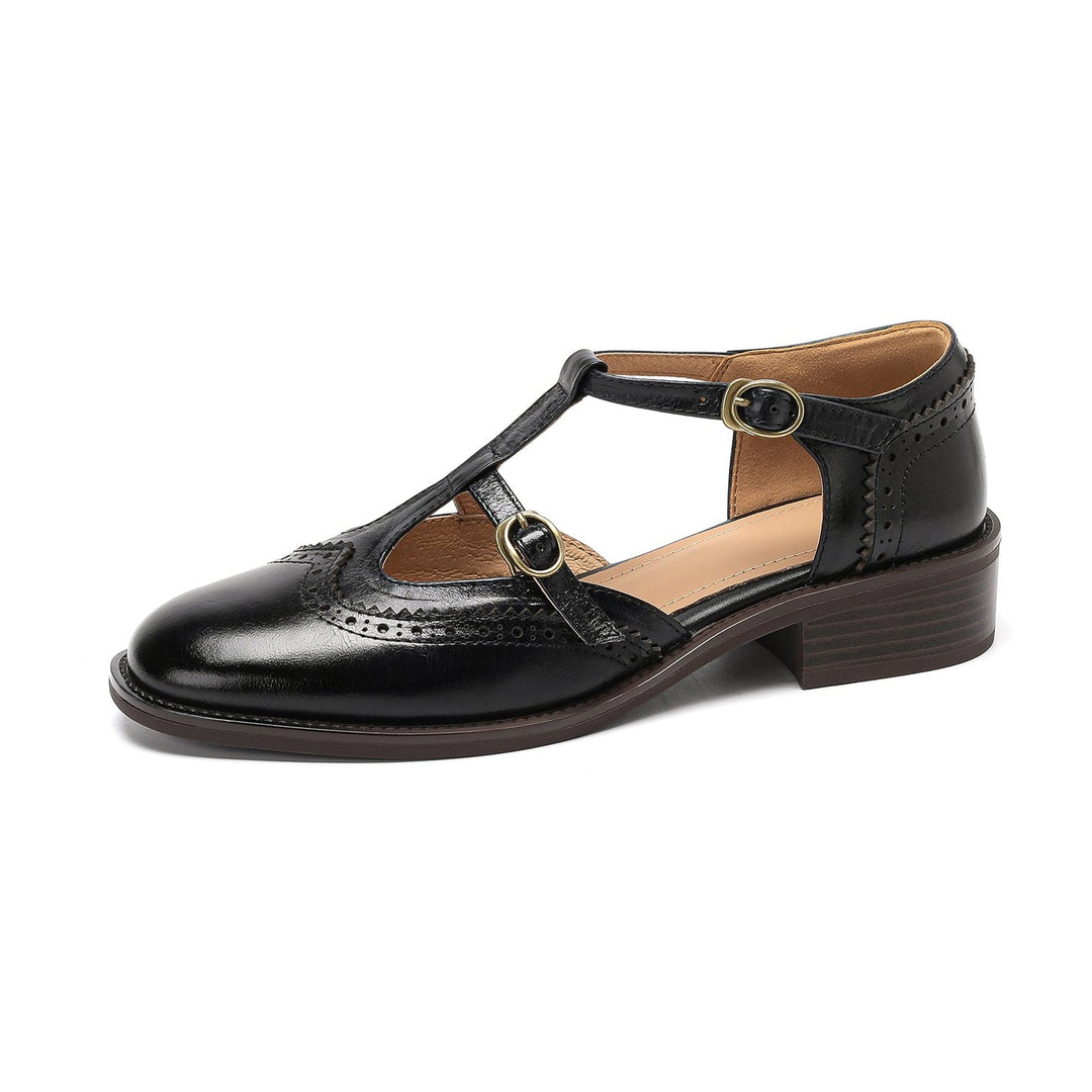Women's T-Strap Vintage Brogue Mary Jane Sandals Hand-crafted Cutout Shoes