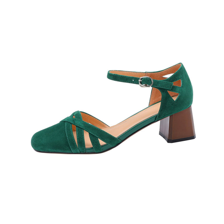 Women's Exquisite Handmade Leather Closed Toe Block Heel Ankle One Buckle Sandals
