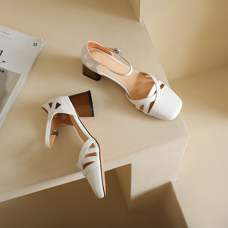 Women's Exquisite Handmade Leather Closed Toe Block Heel Ankle One Buckle Sandals