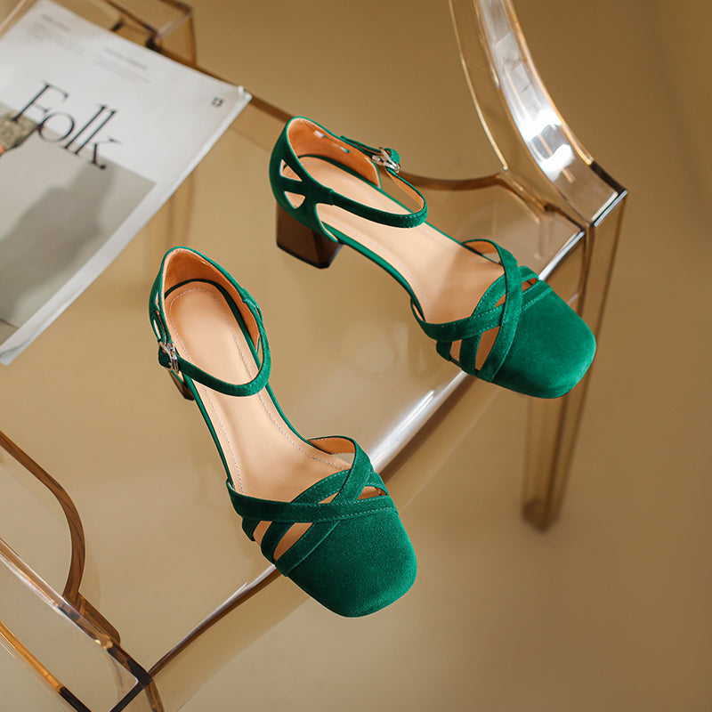 Women's Exquisite Handmade Leather Closed Toe Block Heel Ankle One Buckle Sandals