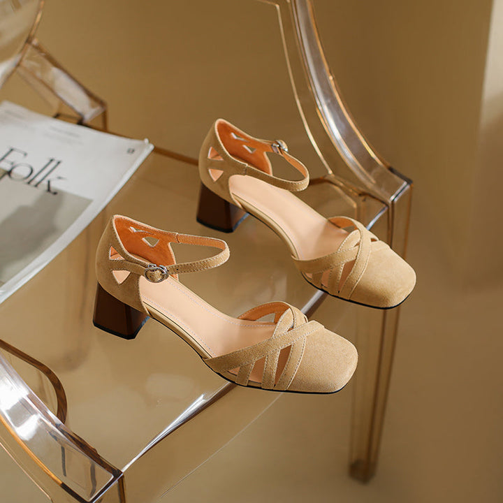 Women's Exquisite Handmade Leather Closed Toe Block Heel Ankle One Buckle Sandals