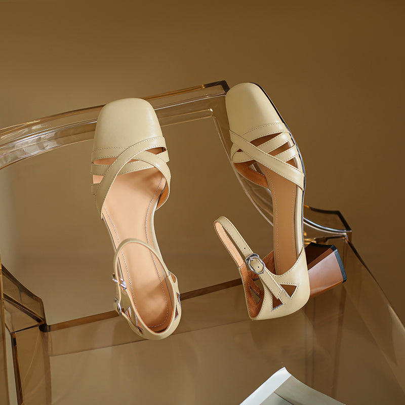 Women's Exquisite Handmade Leather Closed Toe Block Heel Ankle One Buckle Sandals