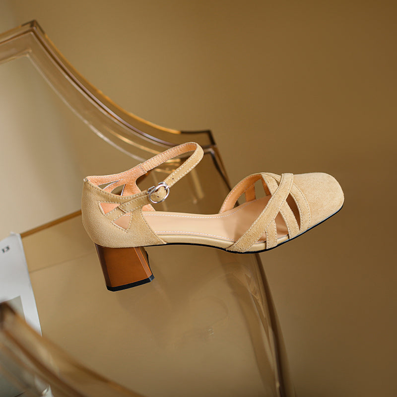 Women's Exquisite Handmade Leather Closed Toe Block Heel Ankle One Buckle Sandals